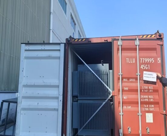 Distribution transformer loaded into a shipping container for export to Kenya