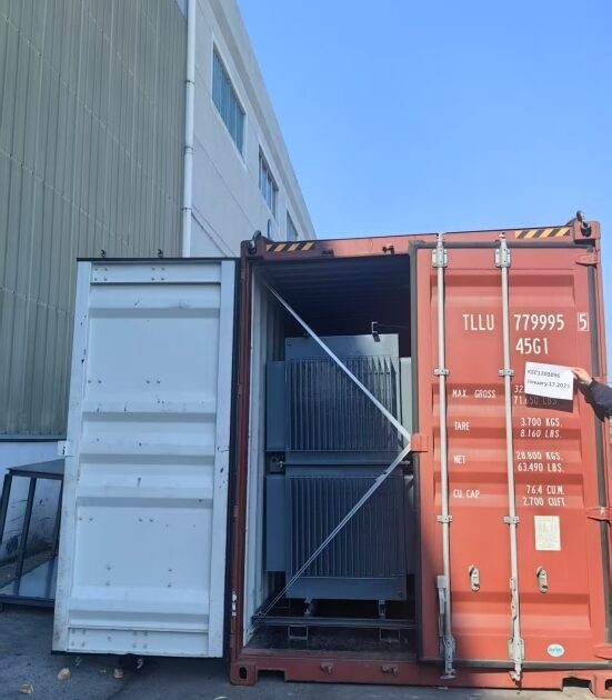 Distribution transformer loaded into a shipping container for export to Kenya