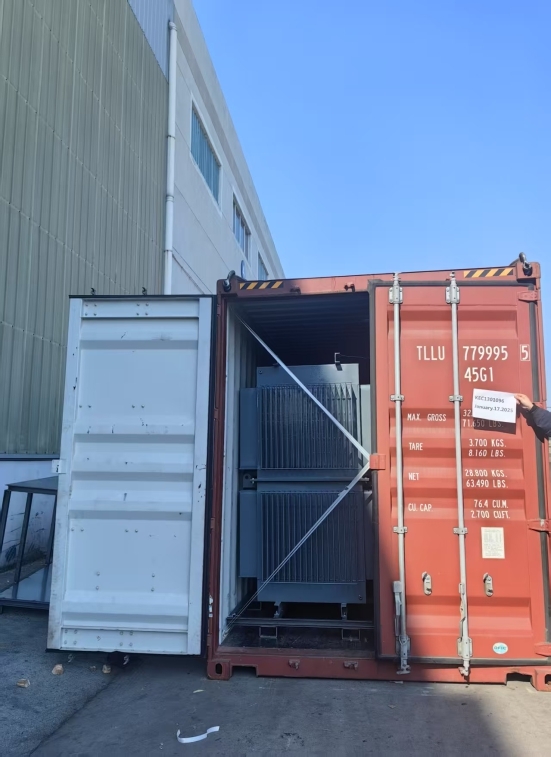 Distribution transformer loaded into a shipping container for export to Kenya