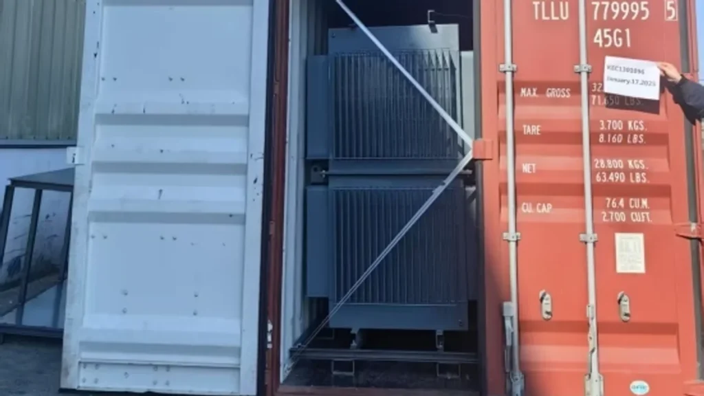Distribution transformer loaded into a shipping container for export to Kenya