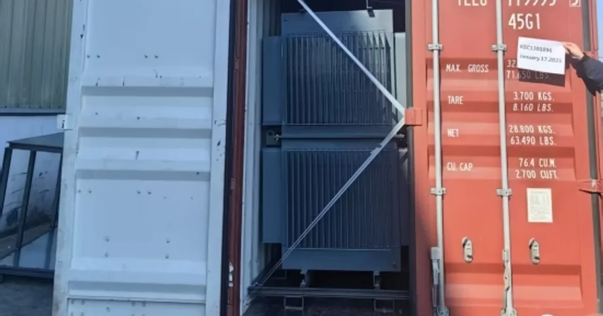 Distribution transformer loaded into a shipping container for export to Kenya