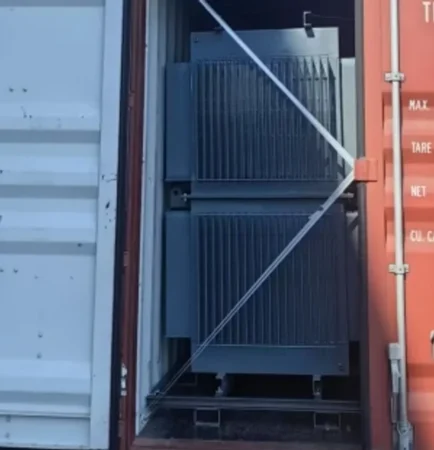Distribution transformer loaded into a shipping container for export to Kenya